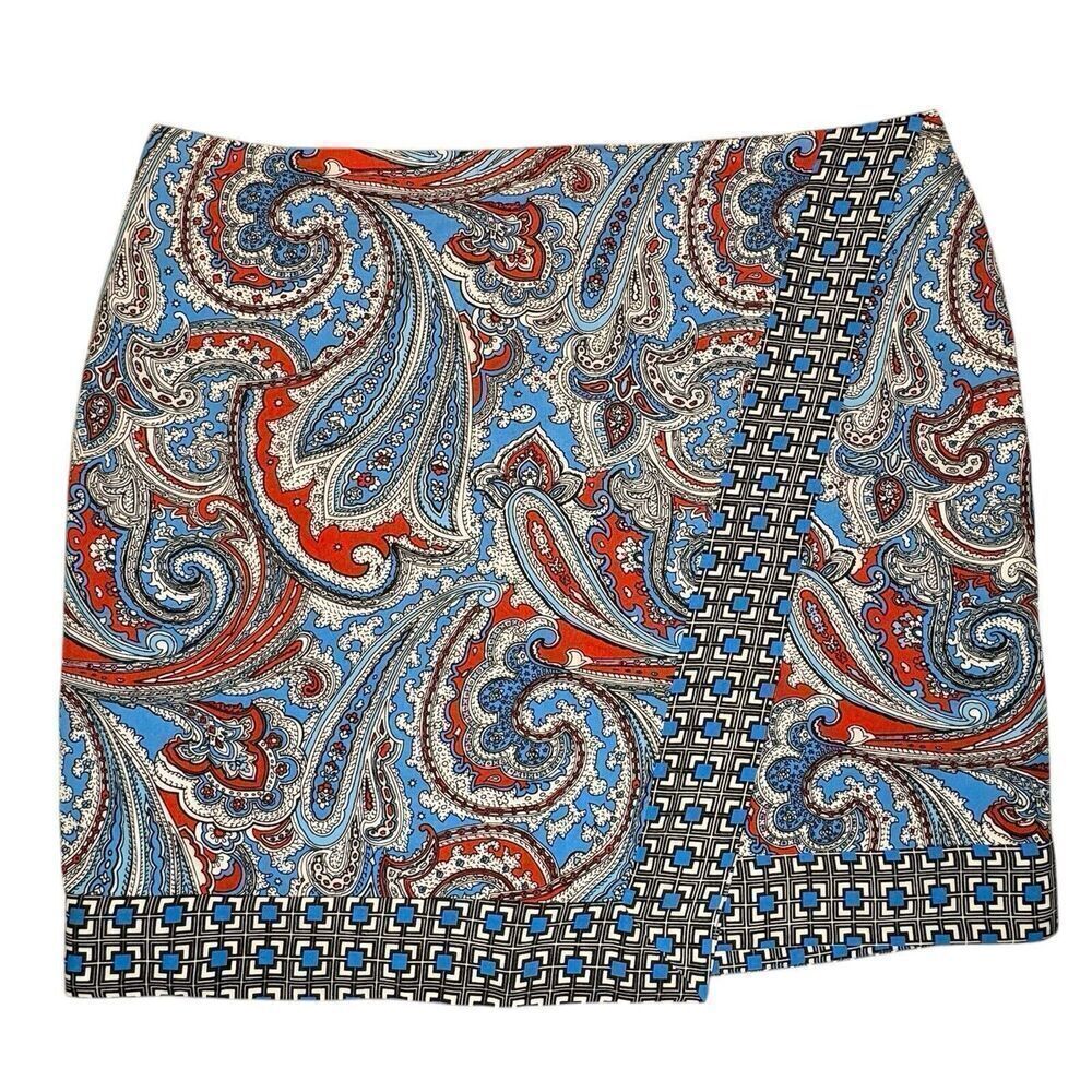Women's Sz 18 NEW YORK & COMPANY Floral Paisley Faux Wrap Skirt Blue Red Zipper